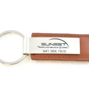 Custom brown leather and silver metal keyring in a rectangle shape