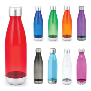 transparent coloured water bottled with metal screw lid and metal base